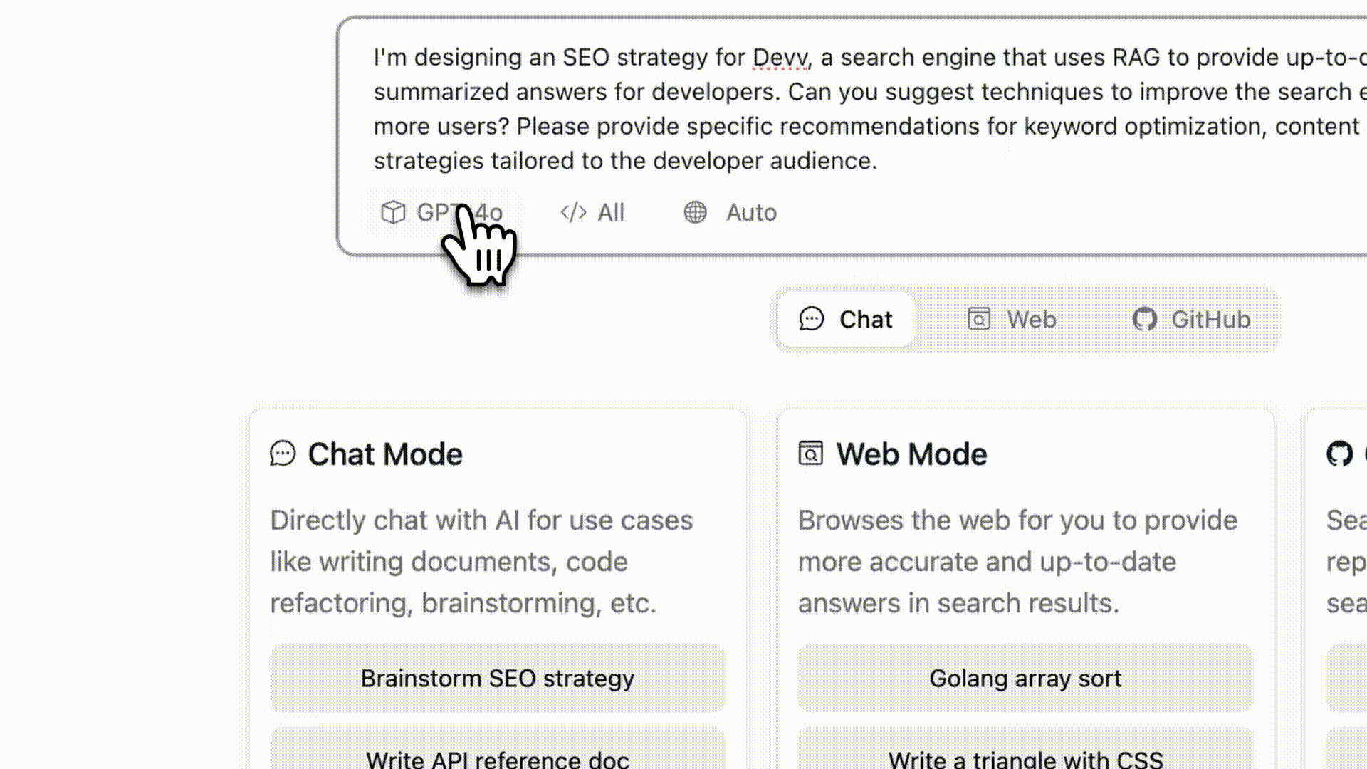 Devv.AI Chat Mode interface featuring conversations with multiple AI models like GPT-4o, Claude Sonnet 3.5 and Gemini.